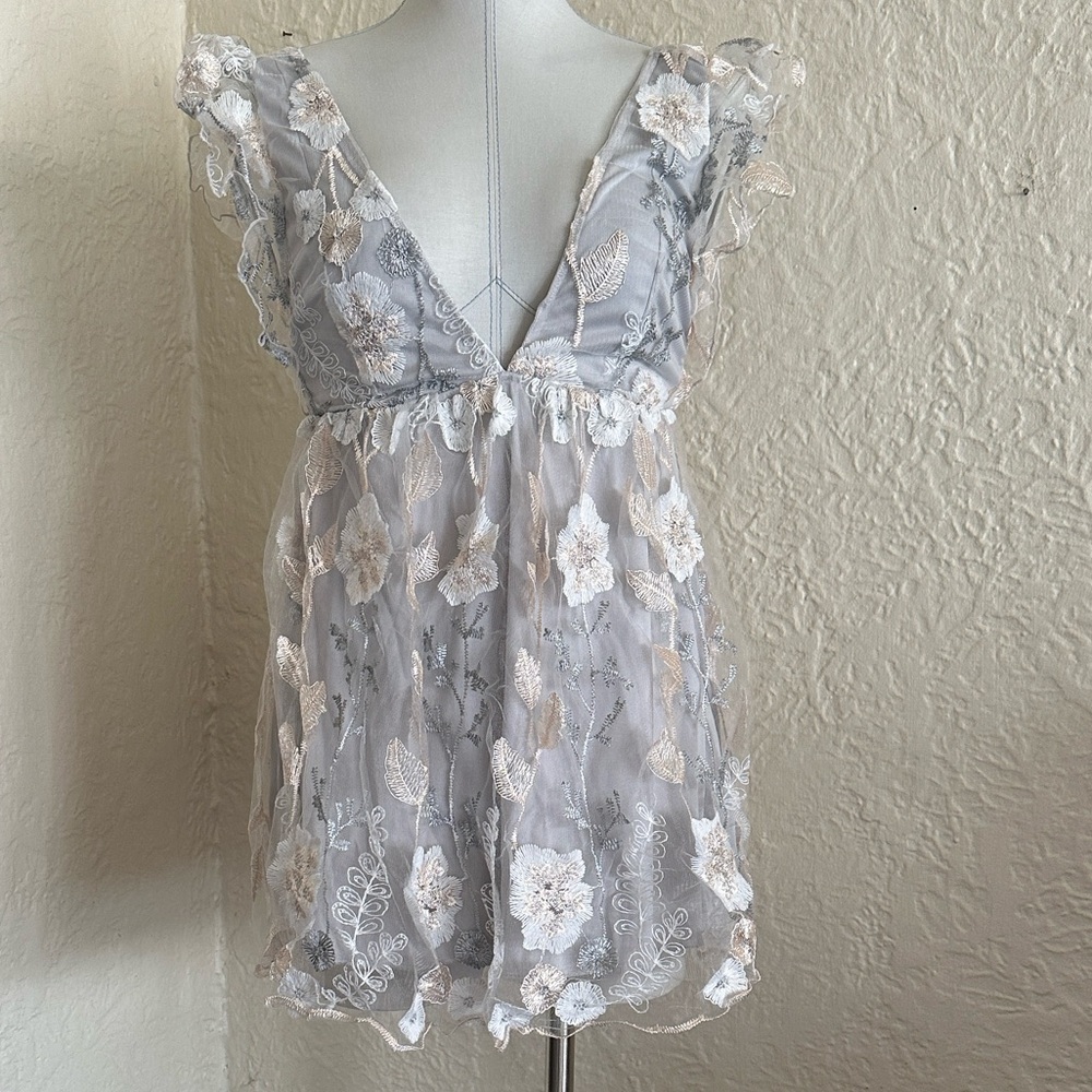 Lucy in the Sky Sheer Embroidered Floral Deep V Babydoll Dress XS